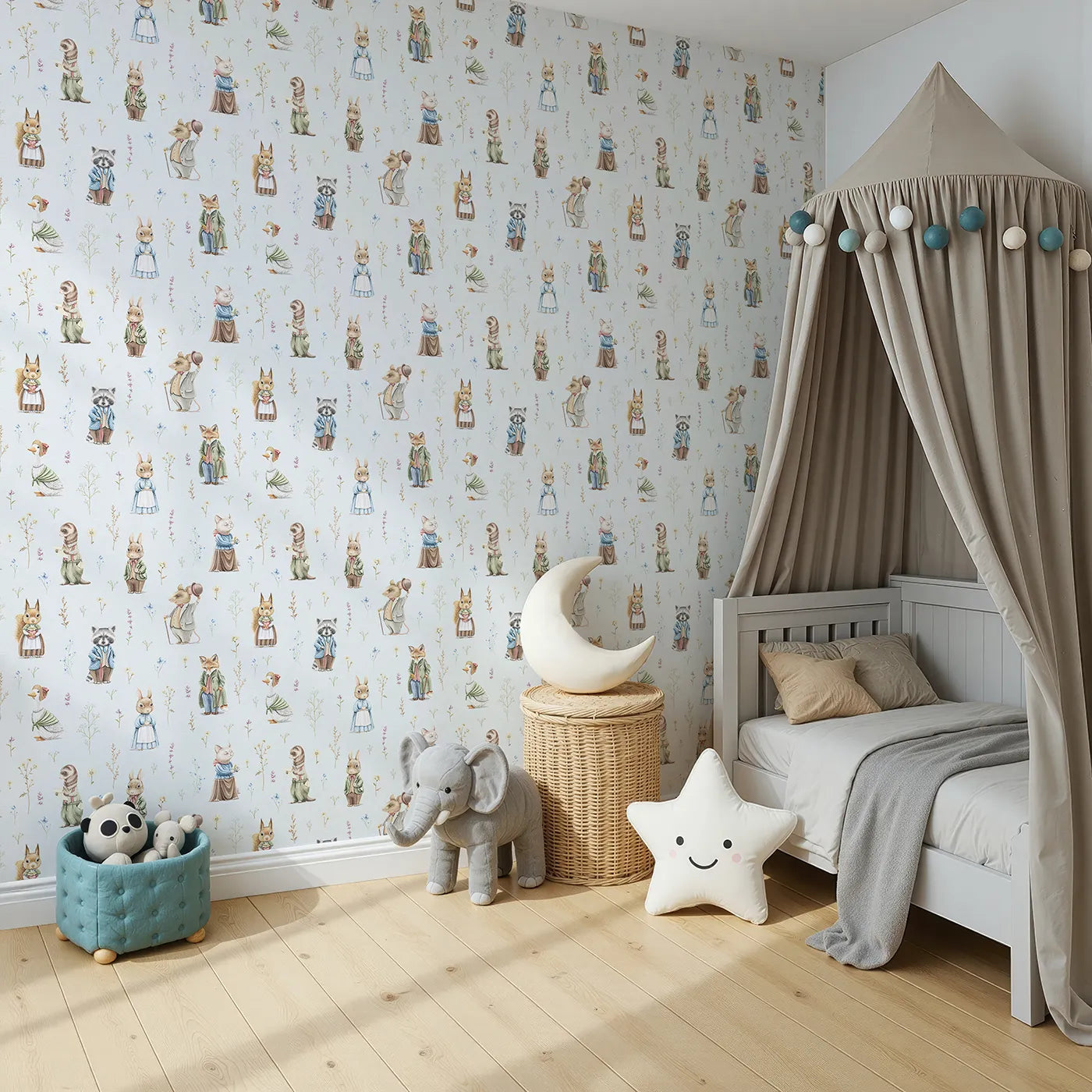 Angled view of Whimsy Tots' Classic Woodland Storybook Wallpaper (W2149).Where beautifully dressed animals live out a classic tale.