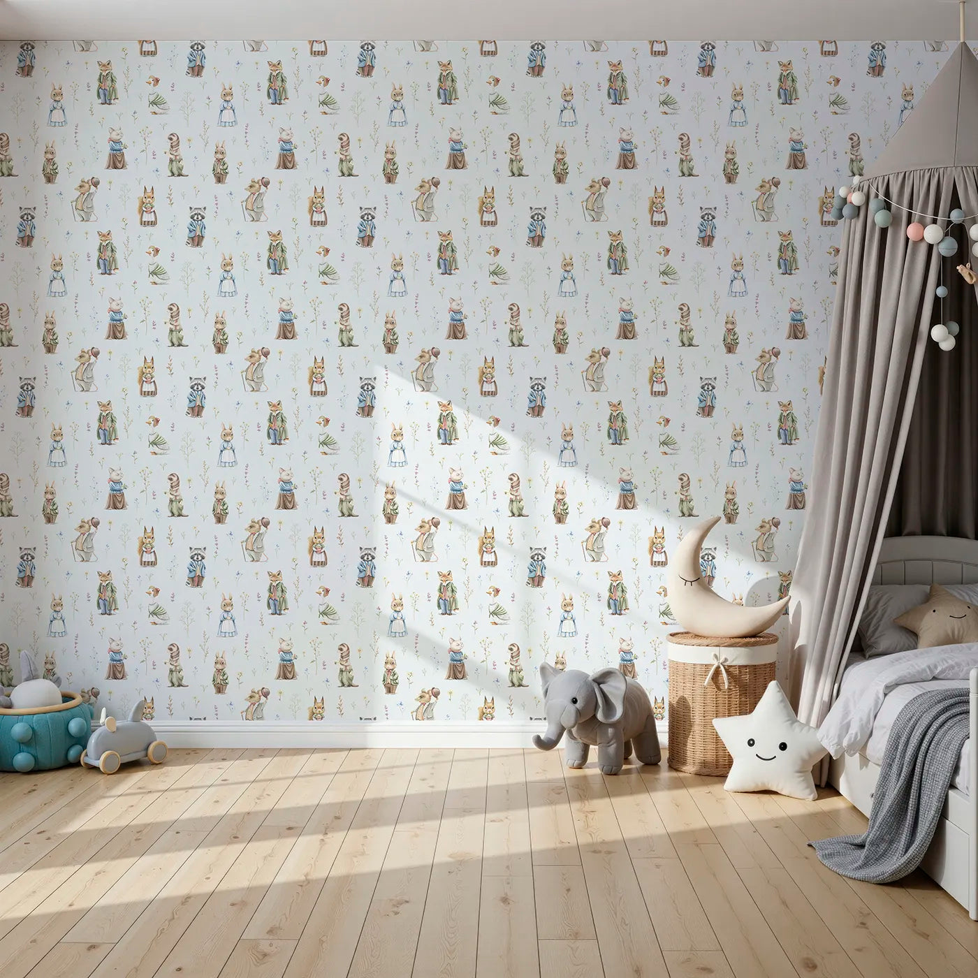 Front view of Whimsy Tots' Classic Woodland Storybook Wallpaper