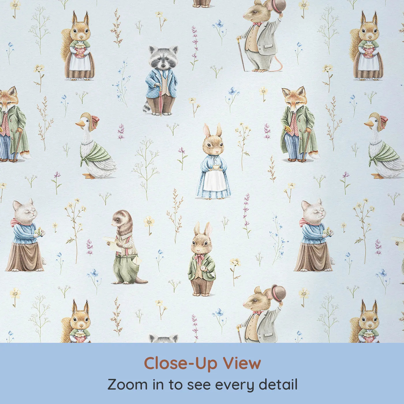 Close-up view of Whimsy Tots' Classic Woodland Storybook Wallpaper (W2149).Where beautifully dressed animals live out a classic tale.