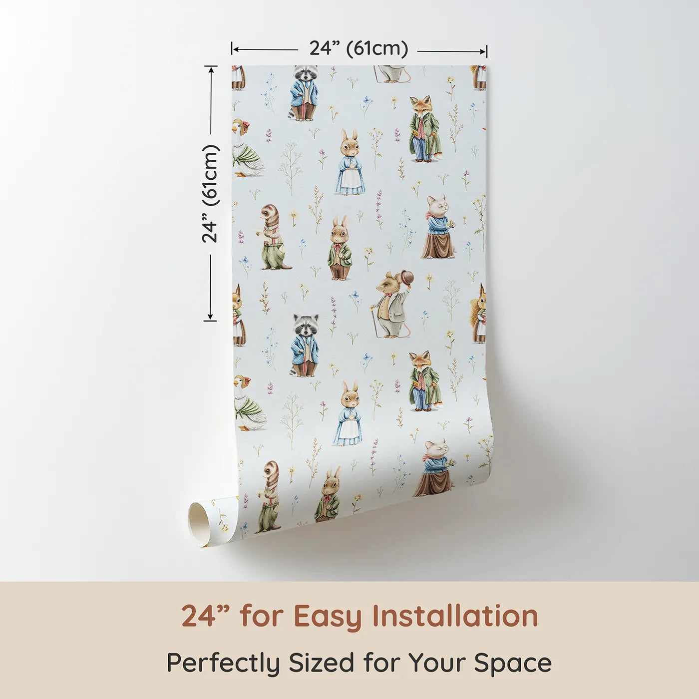 Dimension view of Whimsy Tots Classic Woodland Storybook Wallpaper (W2149). Printed in 24-inch-wide panel for easy installation. Where beautifully dressed animals live out a classic tale.