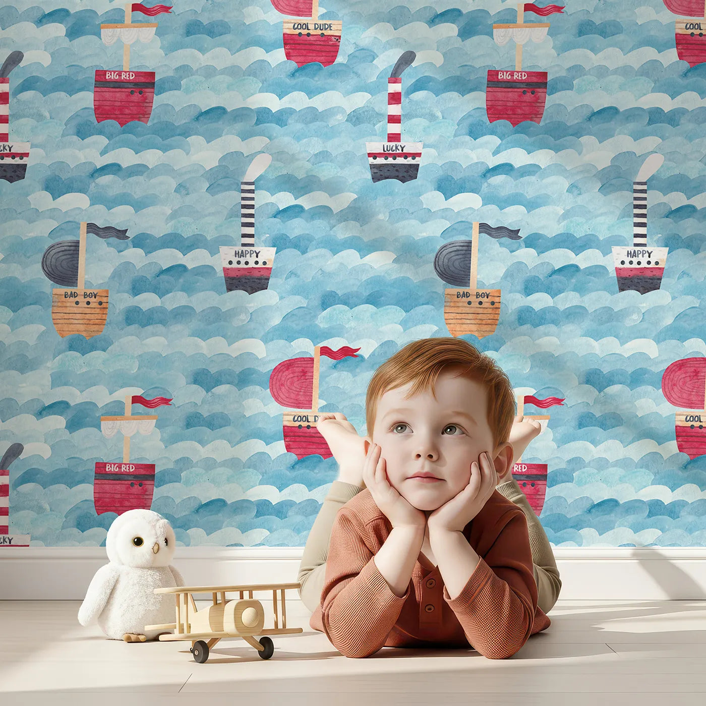 Lovely child standing in front of Whimsy Tots Watercolor Pirate Ships at Sea Wallpaper with ship, boat, sea, watercolor, pirate in design.
