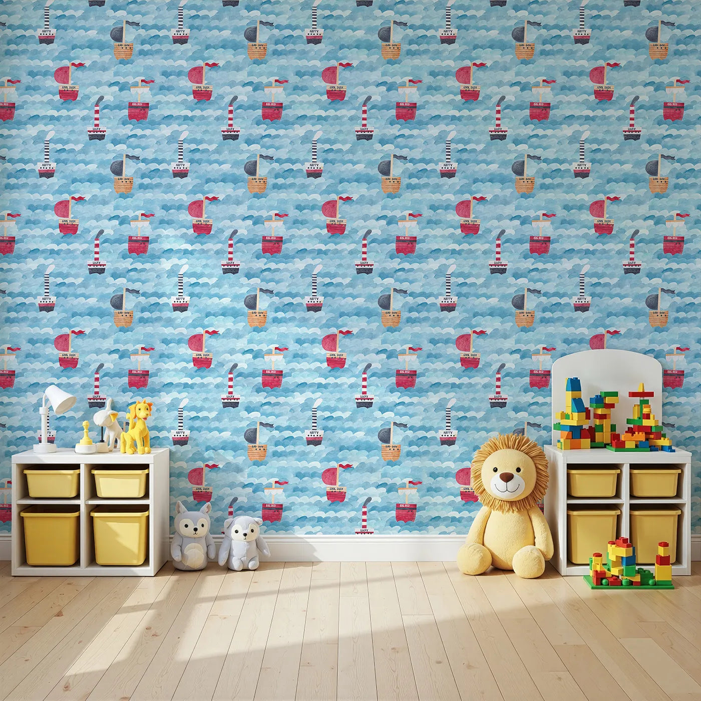 Angled view of Whimsy Tots' Watercolor Pirate Ships at Sea Wallpaper (W2151).Where a fleet of quirky ships sails on a painted sea.