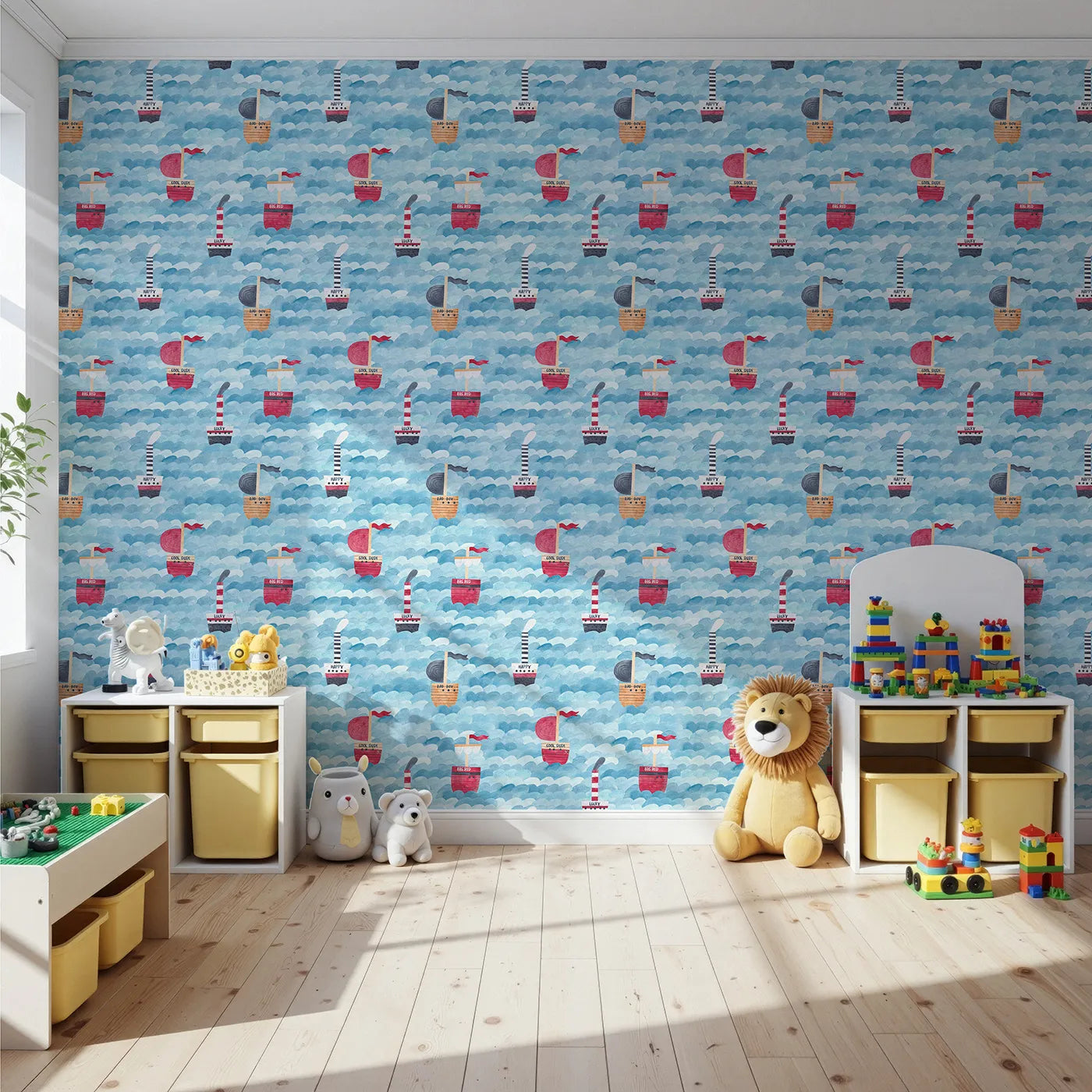 Front view of Whimsy Tots' Watercolor Pirate Ships at Sea Wallpaper