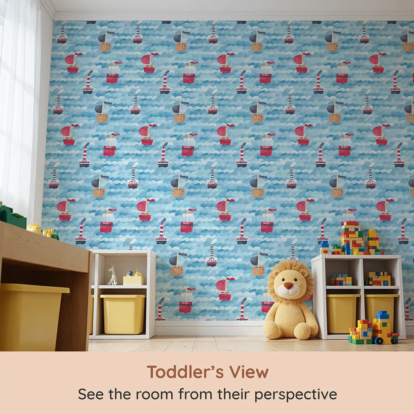 Whimsy Tots Watercolor Pirate Ships at Sea Wallpaper (W2151) from your child's view.Where a fleet of quirky ships sails on a painted sea.