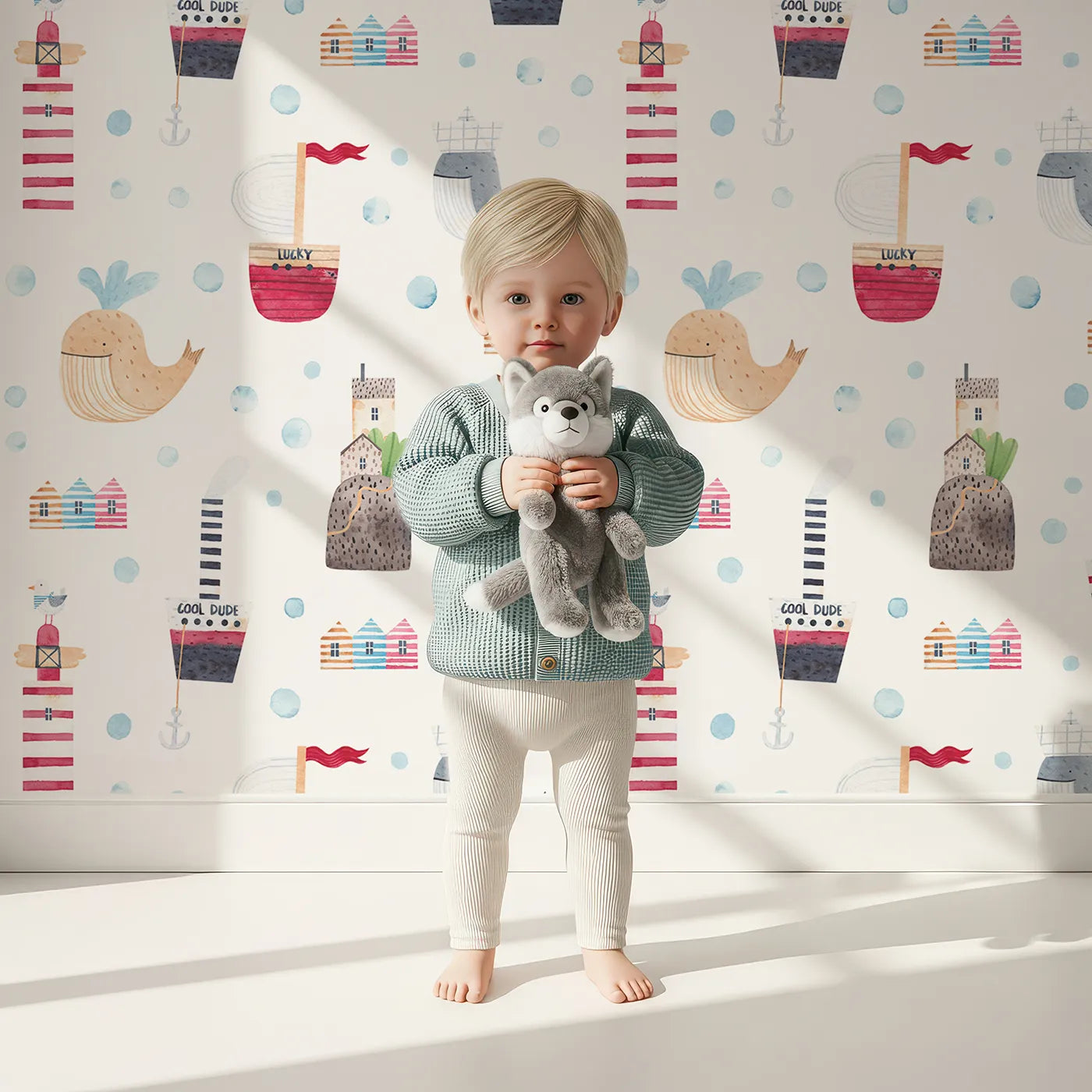 Lovely child standing in front of Whimsy Tots Watercolor Seaside Town Wallpaper with whale, lighthouse, boat, house, sea in design.