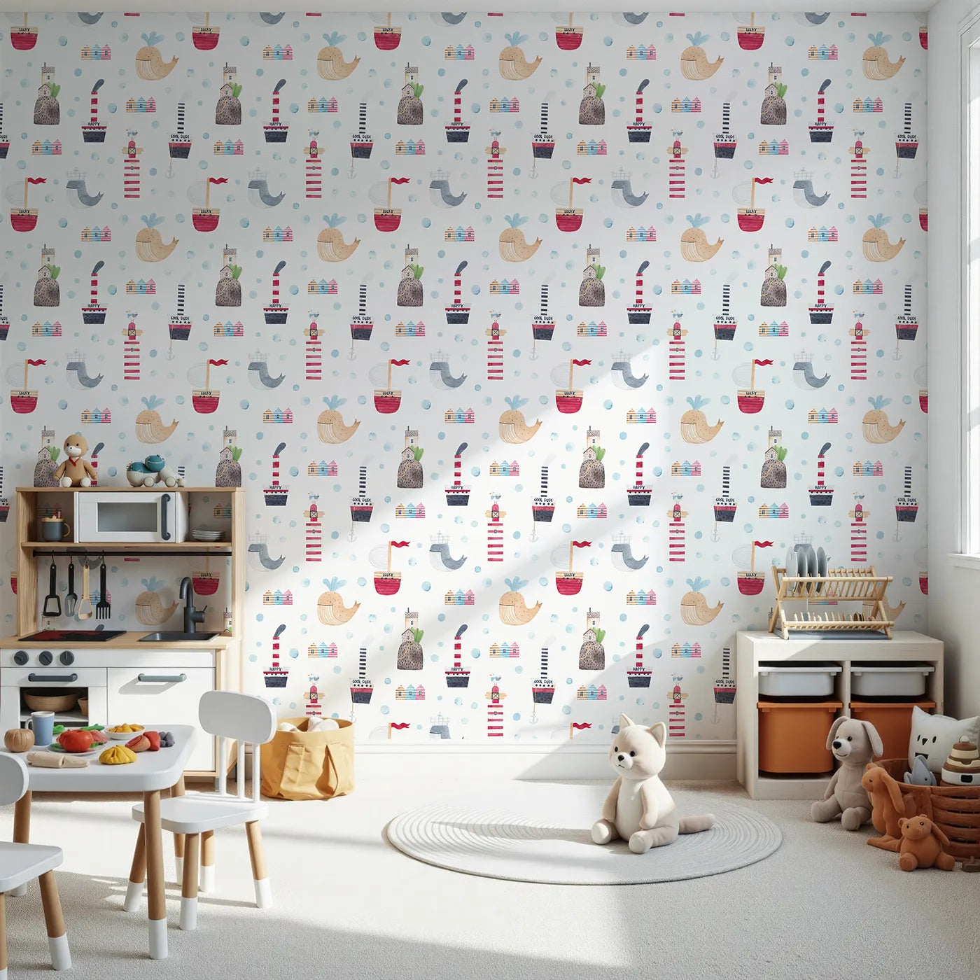 Front view of Whimsy Tots' Watercolor Seaside Town Wallpaper