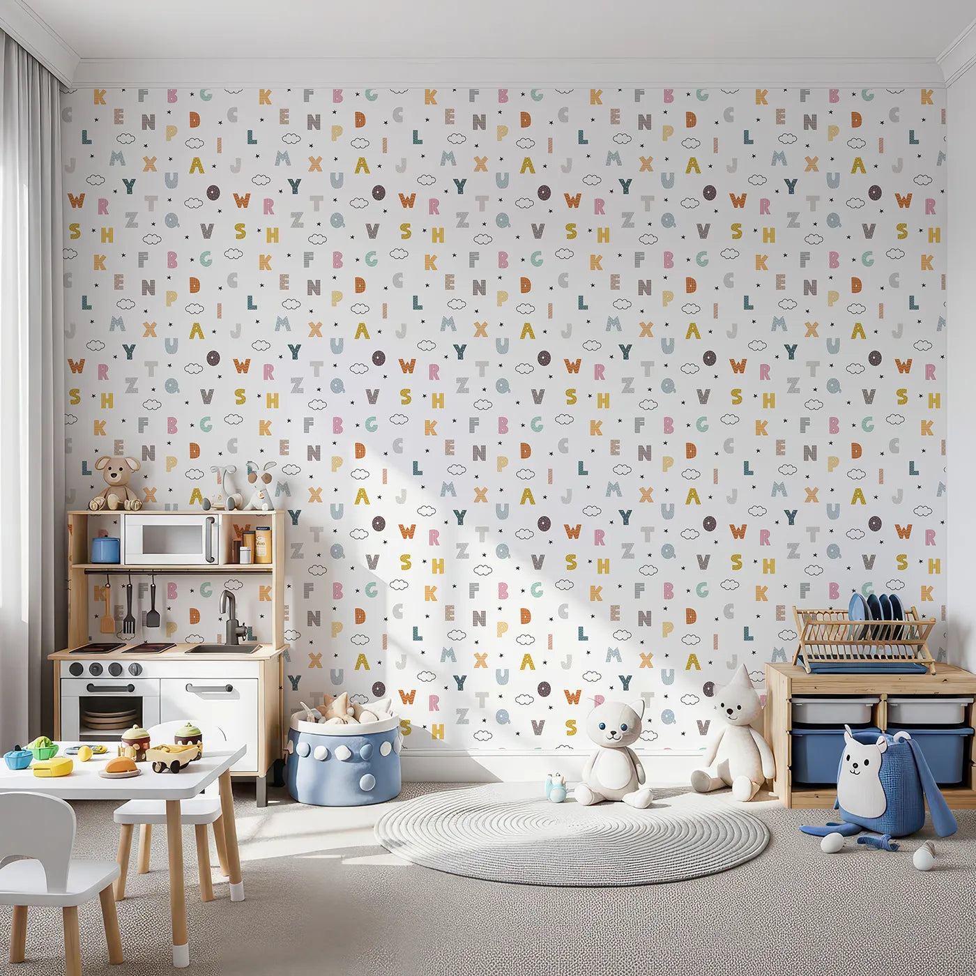 Front view of Whimsy Tots' Starry Alphabet Clouds Wallpaper