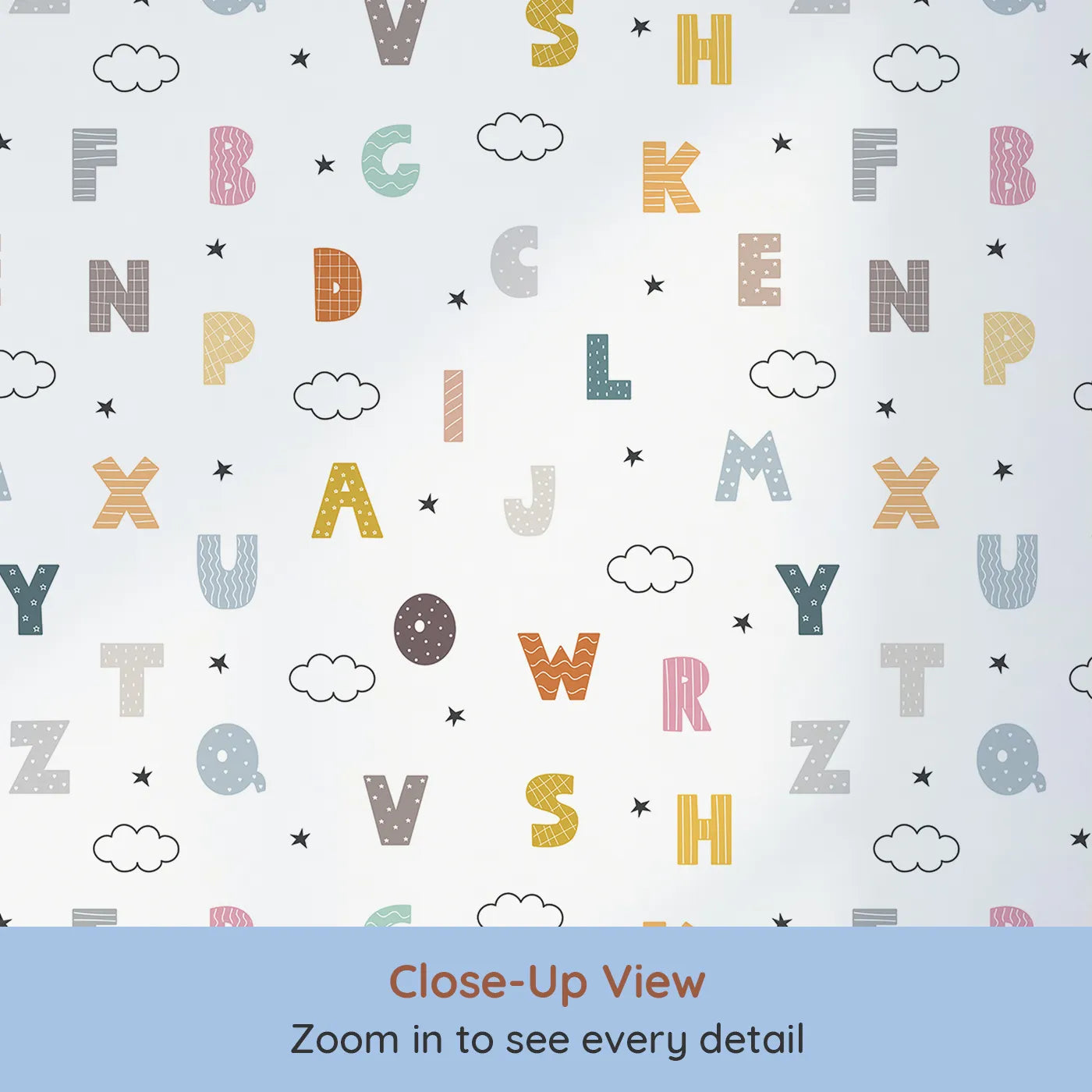 Close-up view of Whimsy Tots' Starry Alphabet Clouds Wallpaper (W2154).Where the alphabet floats among the clouds and stars.