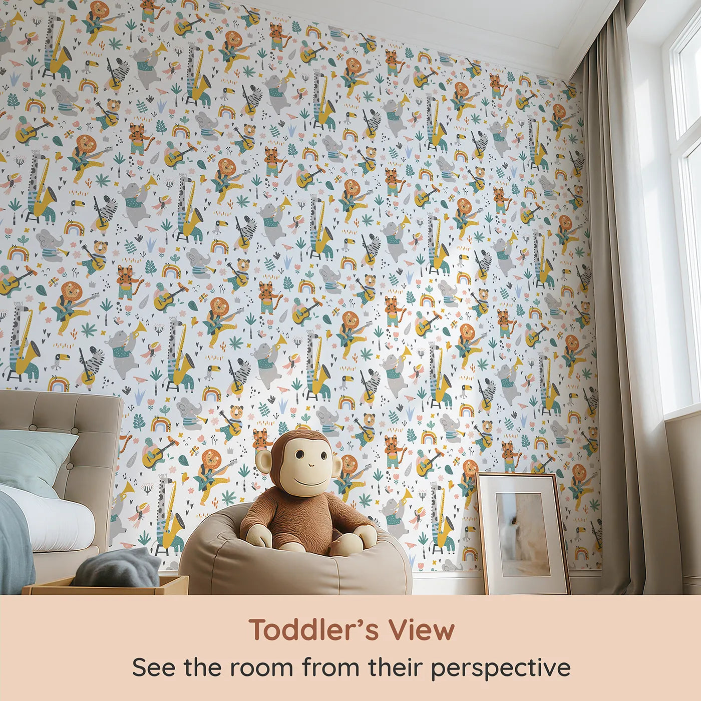 Whimsy Tots Safari Rock Band Wallpaper (W2155) from your child's view.Where a band of animal rockstars is always ready to jam.