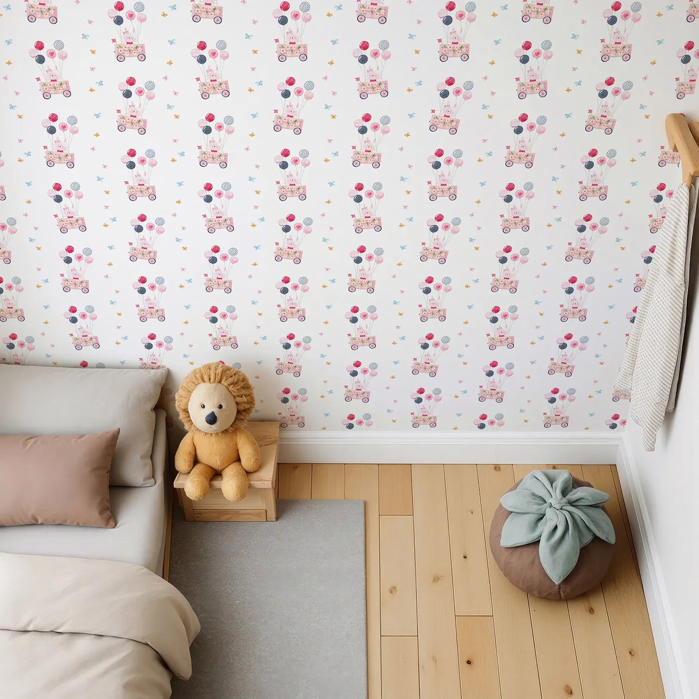 Top-Down view of Whimsy Tots' Bunny Balloon Parade Wallpaper (W2156).Where a happy bunny delivers bouquets of beautiful balloons.