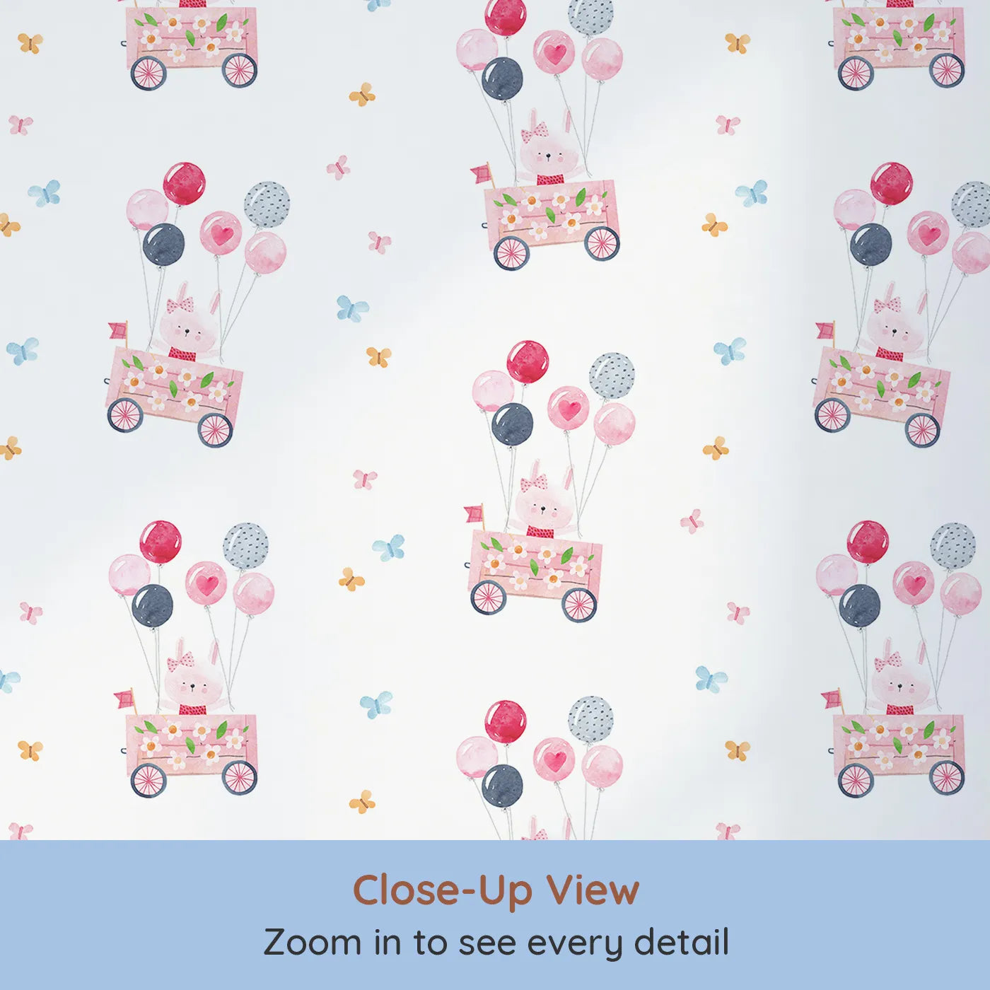 Close-up view of Whimsy Tots' Bunny Balloon Parade Wallpaper (W2156).Where a happy bunny delivers bouquets of beautiful balloons.