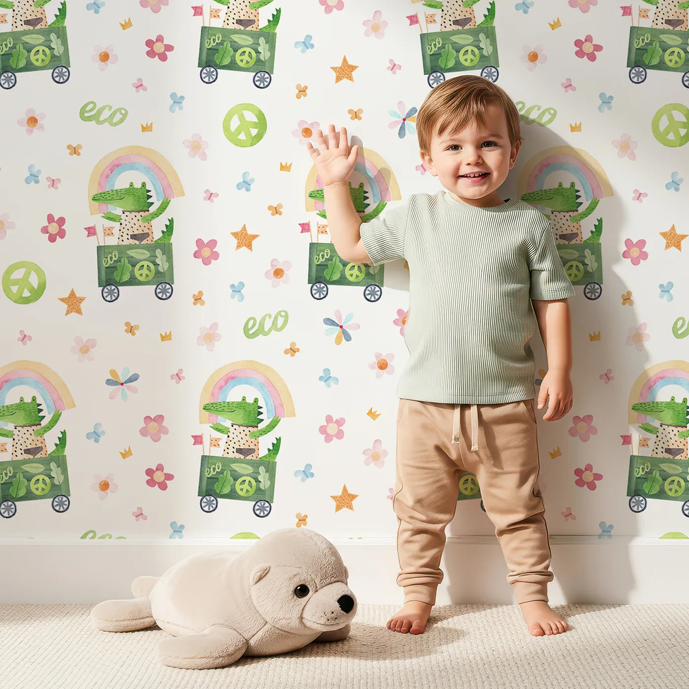 Lovely child standing in front of Whimsy Tots Eco Crocodile Rainbow Ride Wallpaper with crocodile, rainbow, eco, peace, flower in design.