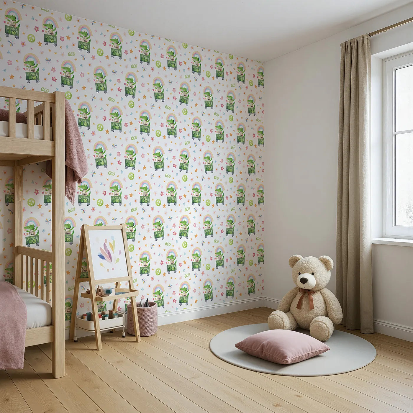 Angled view of Whimsy Tots' Eco Crocodile Rainbow Ride Wallpaper (W2157).Where a happy crocodile spreads a message of kindness.