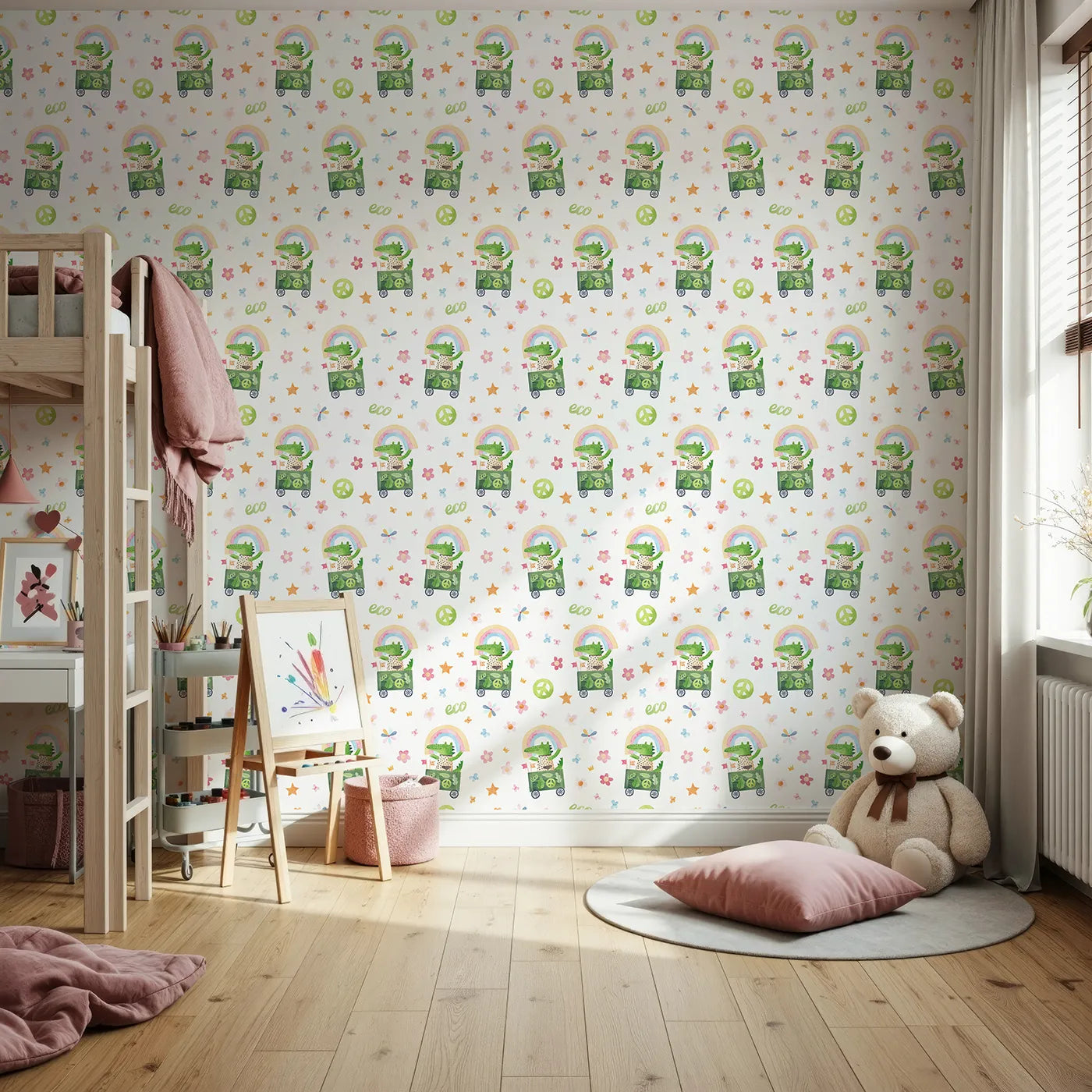 Front view of Whimsy Tots' Eco Crocodile Rainbow Ride Wallpaper