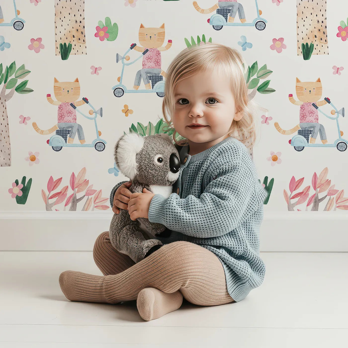 Lovely child standing in front of Whimsy Tots Cool Cat on a Scooter Wallpaper with cat, scooter, tree, watercolor, animal in design.