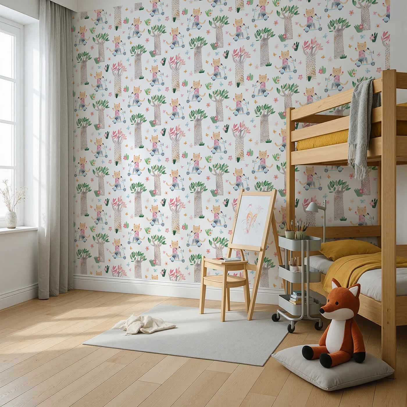 Angled view of Whimsy Tots' Cool Cat on a Scooter Wallpaper (W2158).Where a cool cat cruises through a forest of storybook trees.