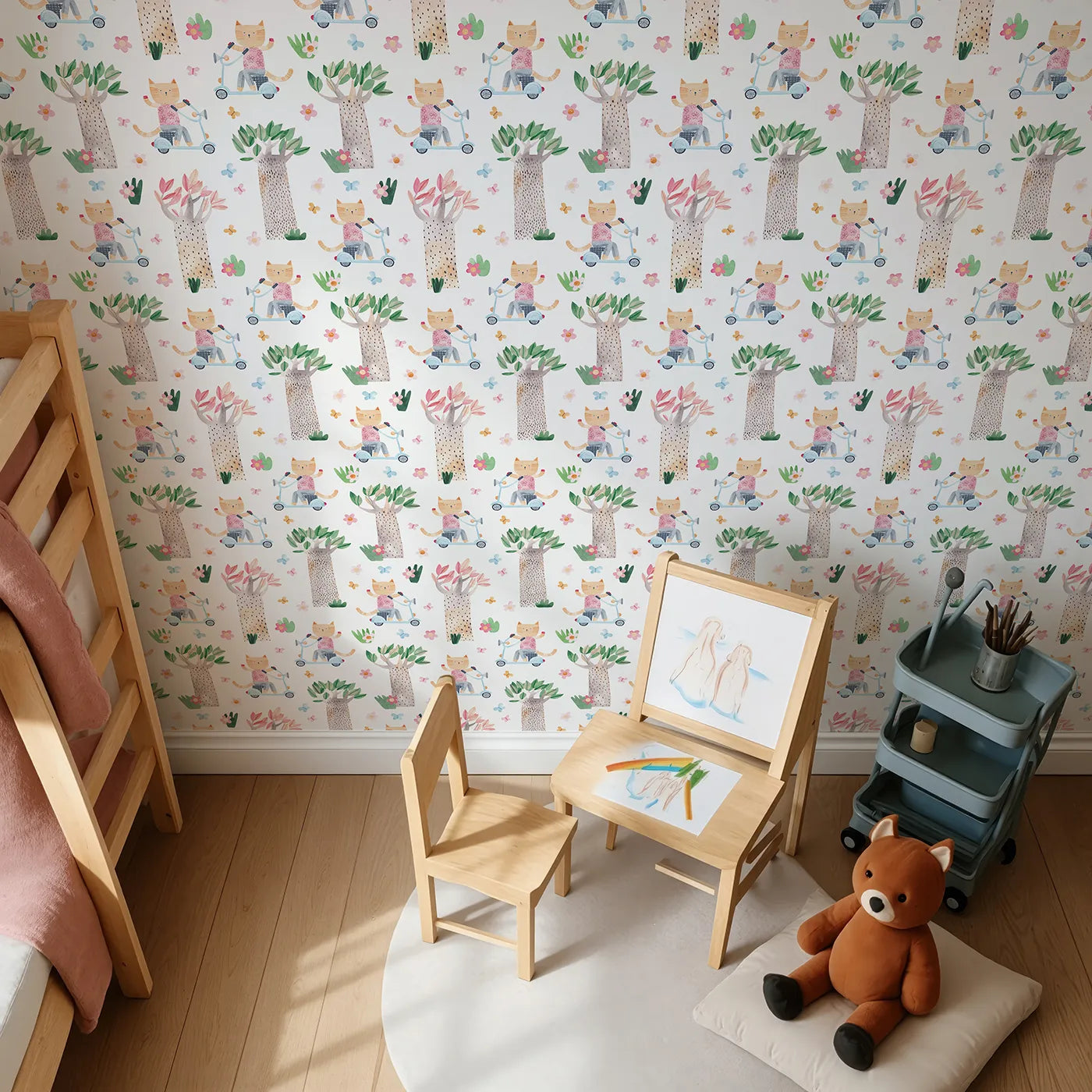 Top-Down view of Whimsy Tots' Cool Cat on a Scooter Wallpaper (W2158).Where a cool cat cruises through a forest of storybook trees.