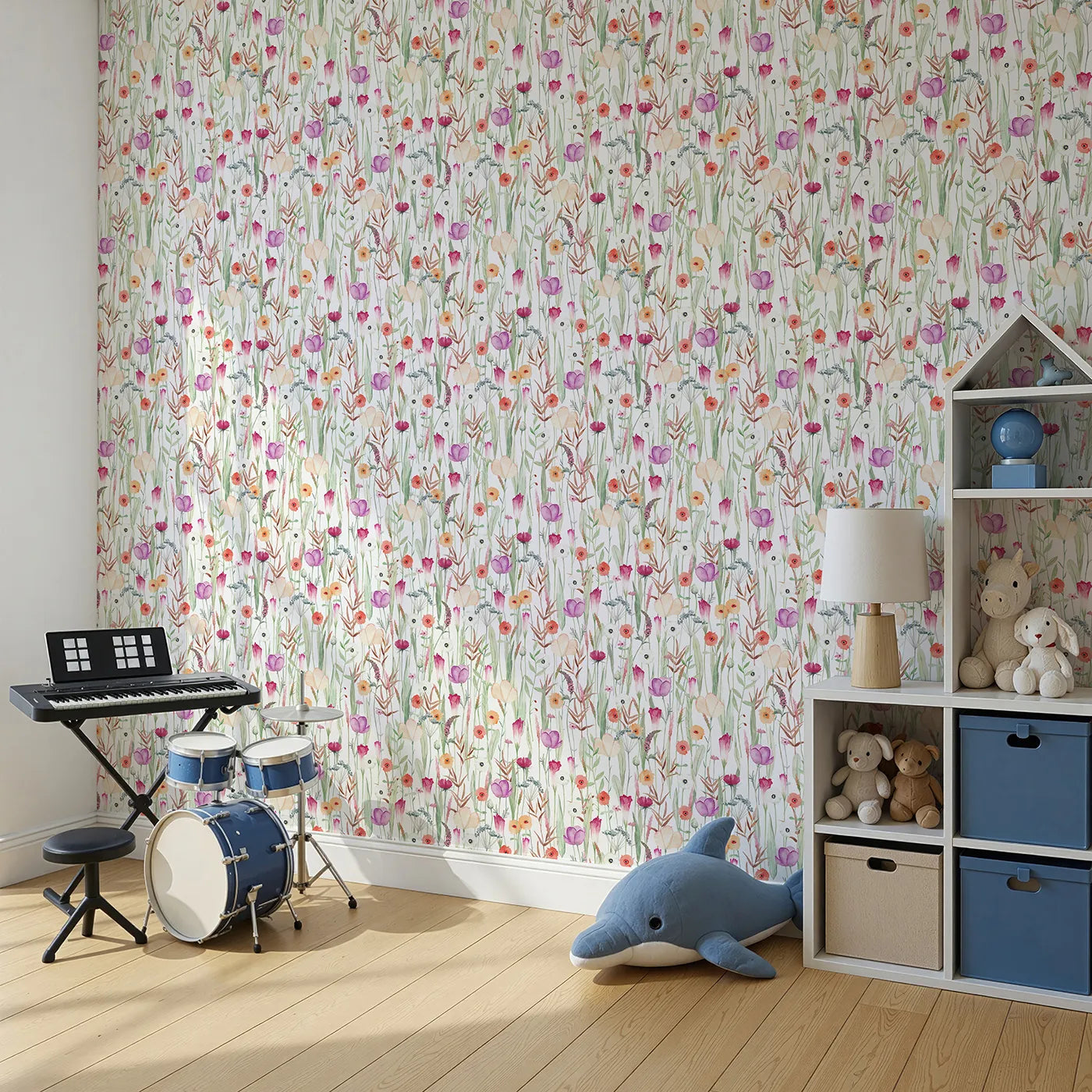 Angled view of Whimsy Tots' Colorful Wildflower Meadow Wallpaper (W2159).Where a dense field of wildflowers is always in bloom.