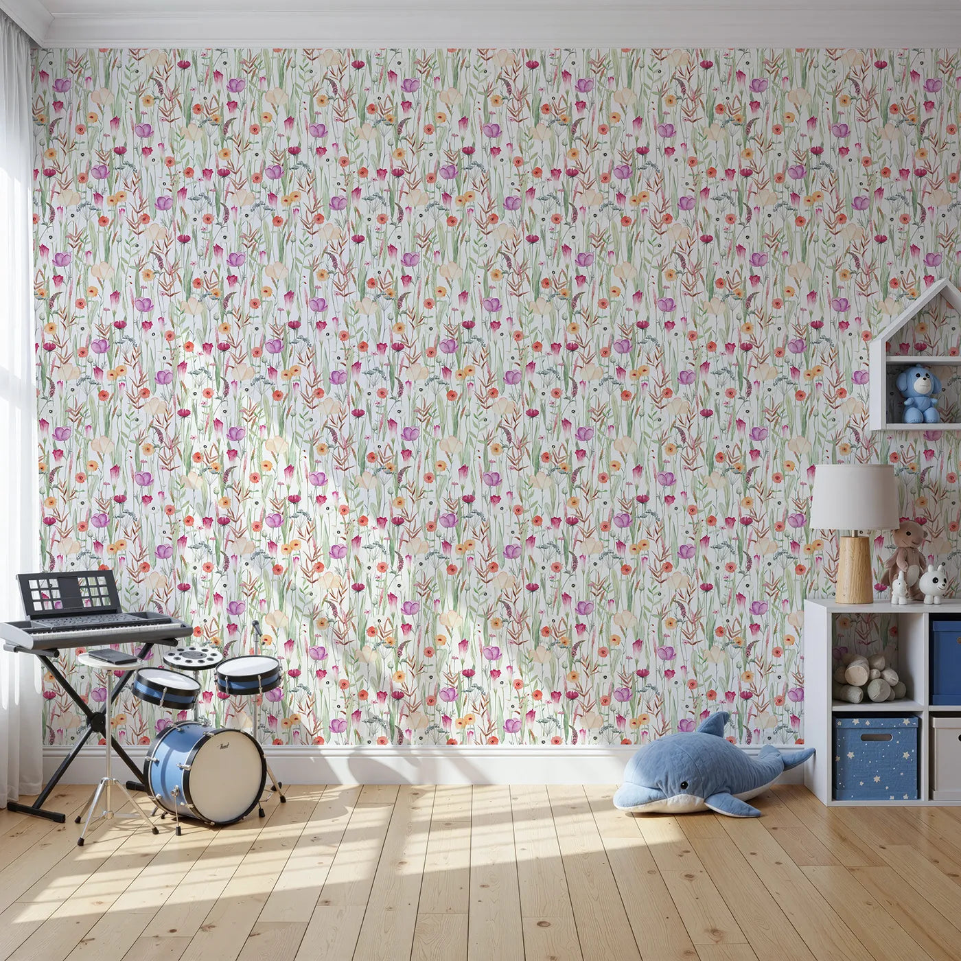 Front view of Whimsy Tots' Colorful Wildflower Meadow Wallpaper