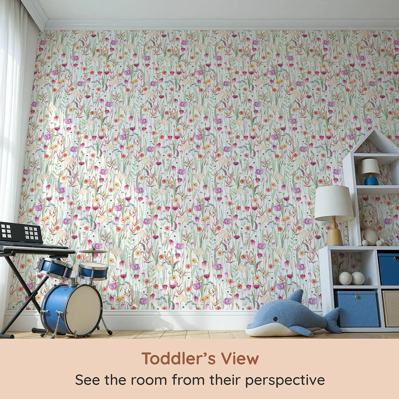 Whimsy Tots Colorful Wildflower Meadow Wallpaper (W2159) from your child's view.Where a dense field of wildflowers is always in bloom.