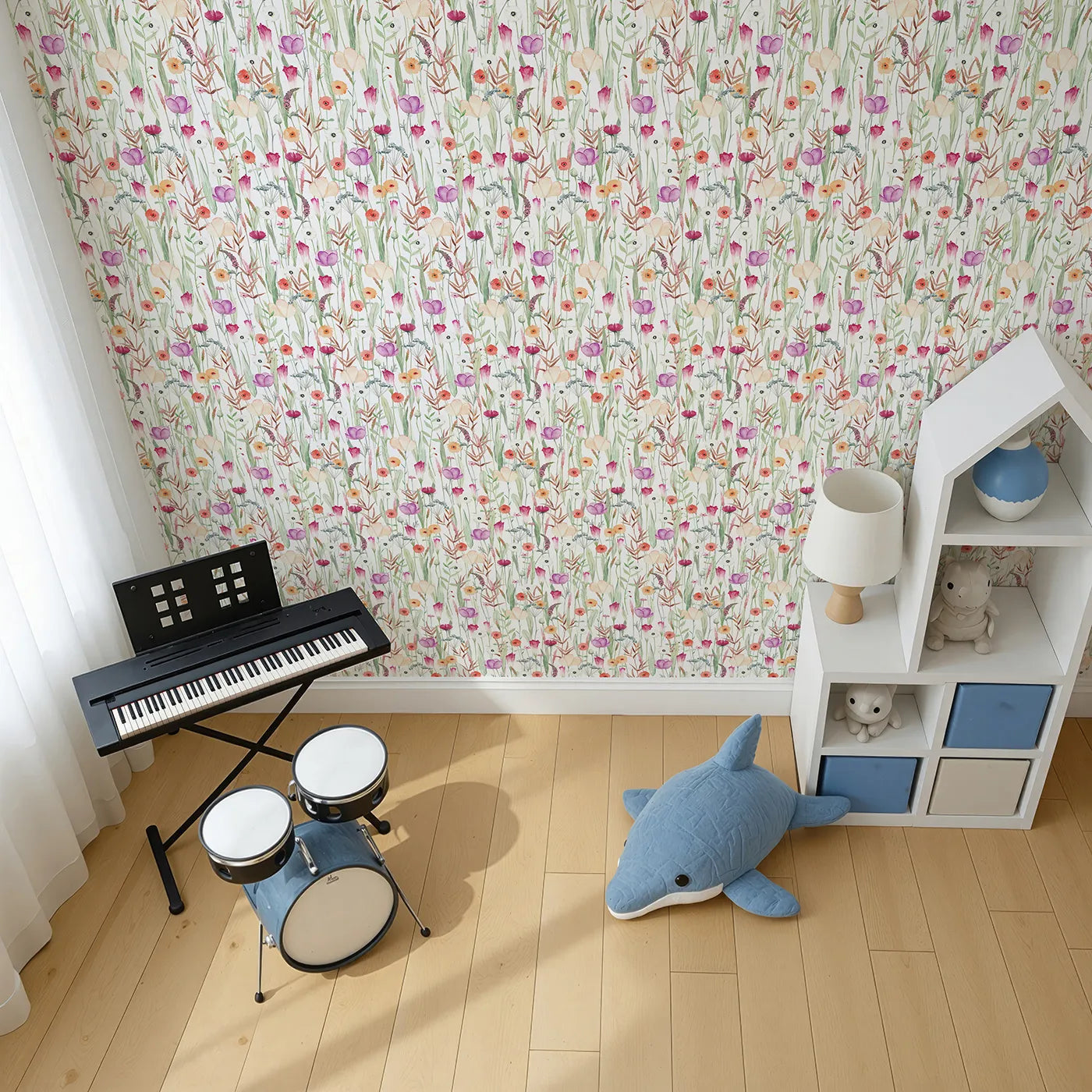 Top-Down view of Whimsy Tots' Colorful Wildflower Meadow Wallpaper (W2159).Where a dense field of wildflowers is always in bloom.