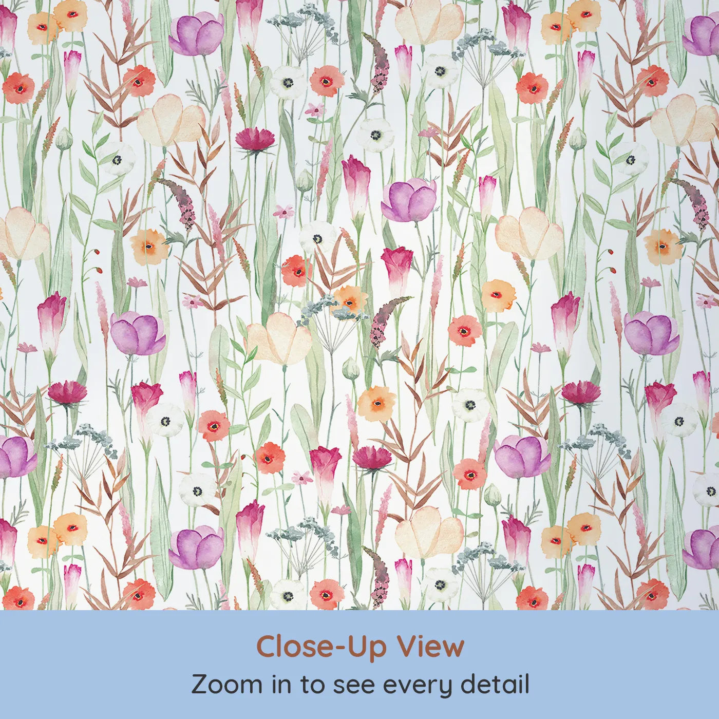 Close-up view of Whimsy Tots' Colorful Wildflower Meadow Wallpaper (W2159).Where a dense field of wildflowers is always in bloom.
