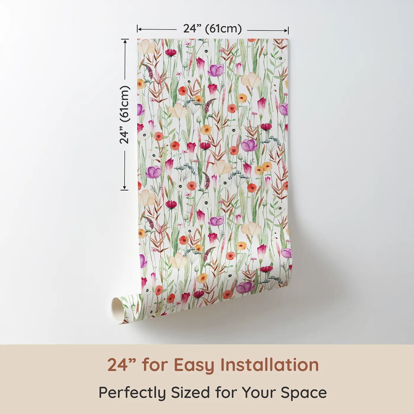 Dimension view of Whimsy Tots Colorful Wildflower Meadow Wallpaper (W2159). Printed in 24-inch-wide panel for easy installation. Where a dense field of wildflowers is always in bloom.