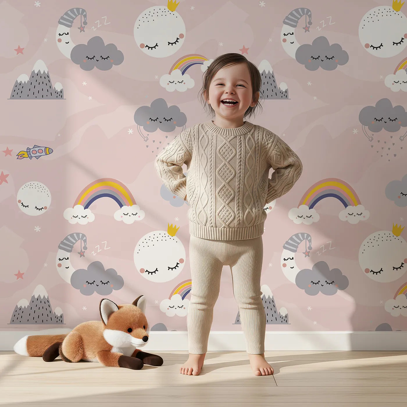 Lovely child standing in front of Whimsy Tots Sleepy Sky Friends Wallpaper in Pink with sky, moon, cloud, rainbow, sleepy in design.