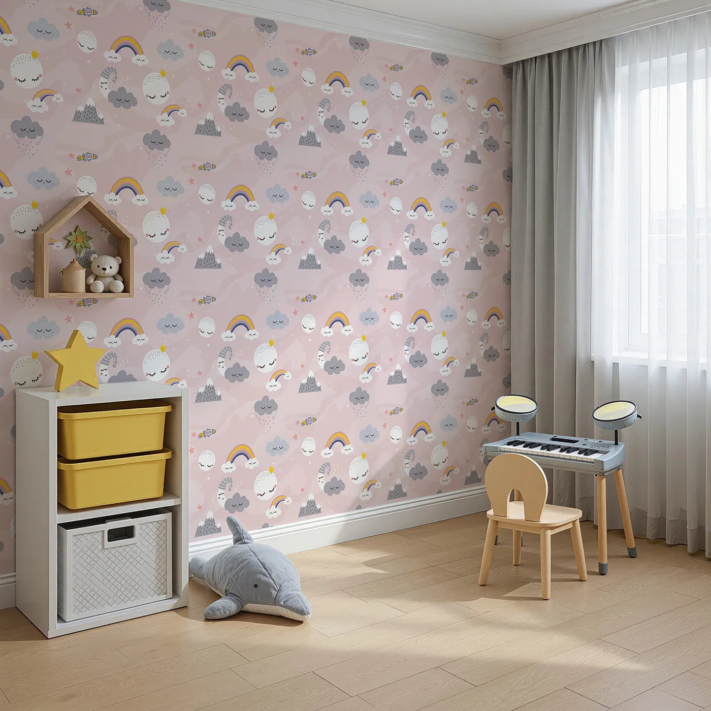 Angled view of Whimsy Tots' Sleepy Sky Friends Wallpaper in Pink (W2160).Where sleepy moons and raining clouds wish you sweet dreams.