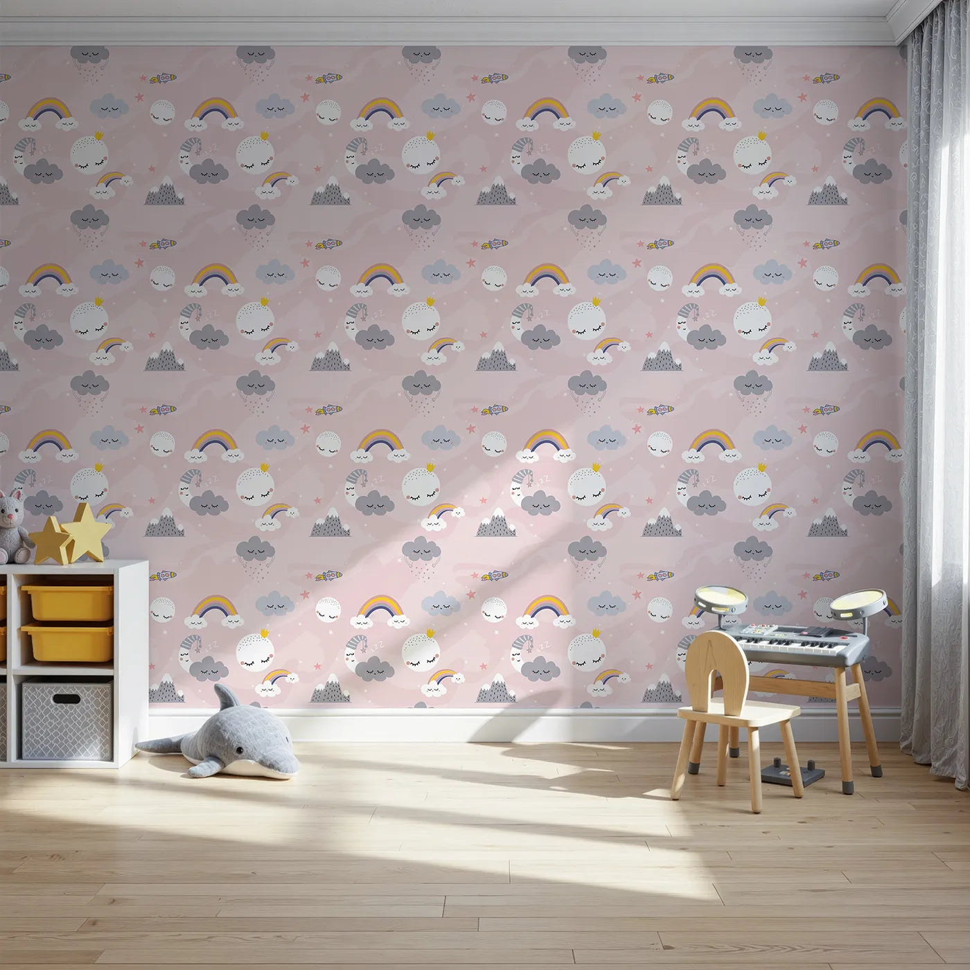 Front view of Whimsy Tots' Sleepy Sky Friends Wallpaper in Pink