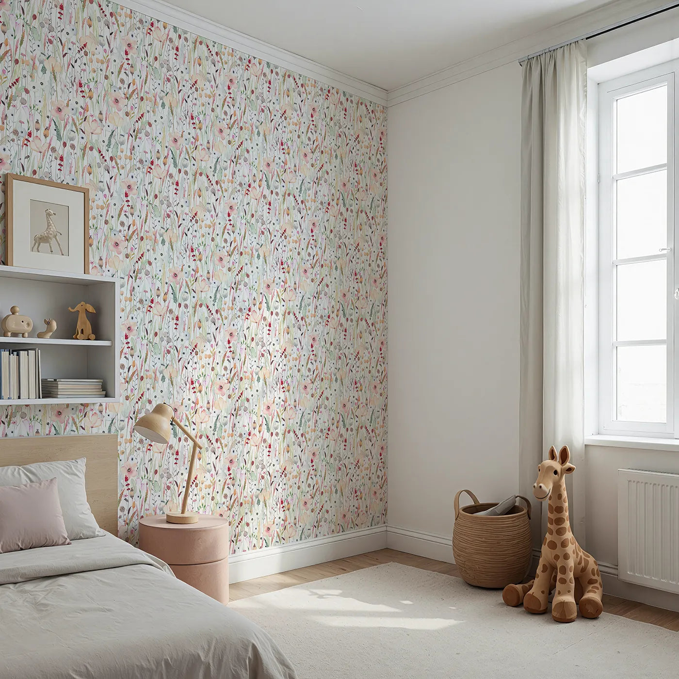 Angled view of Whimsy Tots' Neutral Wildflower Patch Wallpaper (W2161).Where delicate, hand-painted wildflowers create a sense of calm.