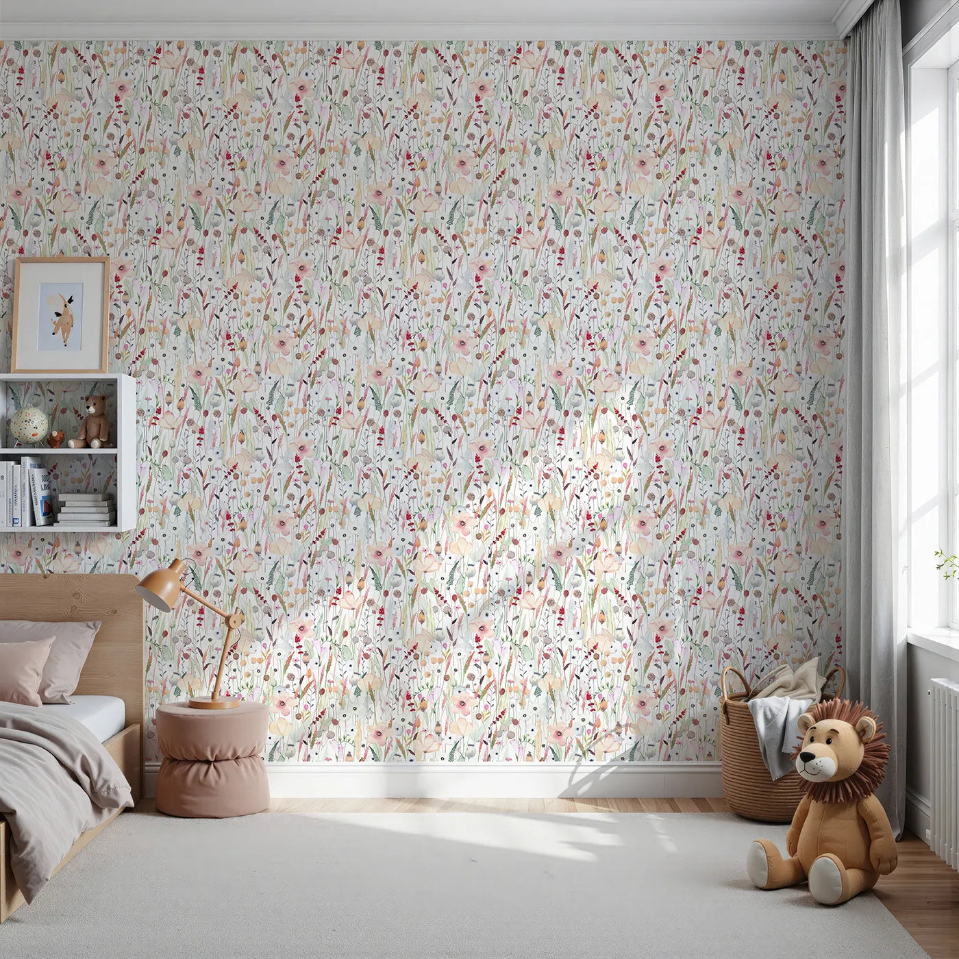Front view of Whimsy Tots' Neutral Wildflower Patch Wallpaper