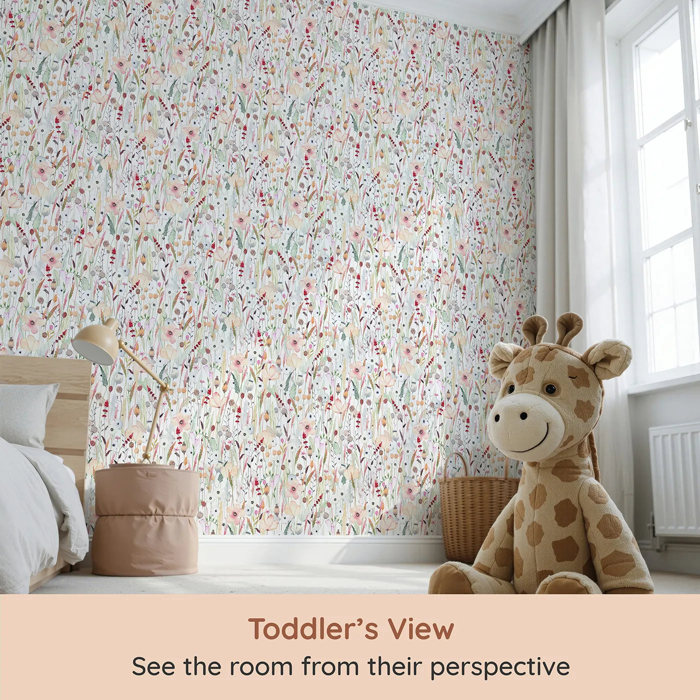 Whimsy Tots Neutral Wildflower Patch Wallpaper (W2161) from your child's view.Where delicate, hand-painted wildflowers create a sense of calm.