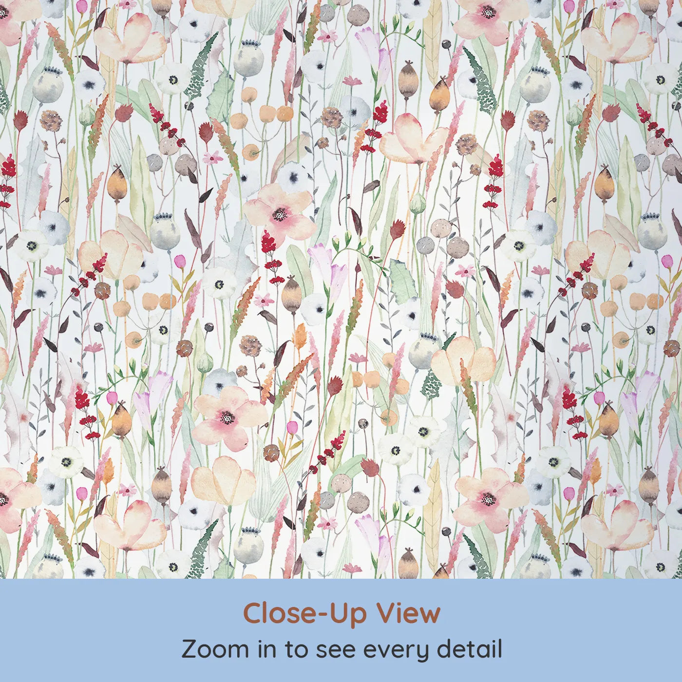 Close-up view of Whimsy Tots' Neutral Wildflower Patch Wallpaper (W2161).Where delicate, hand-painted wildflowers create a sense of calm.