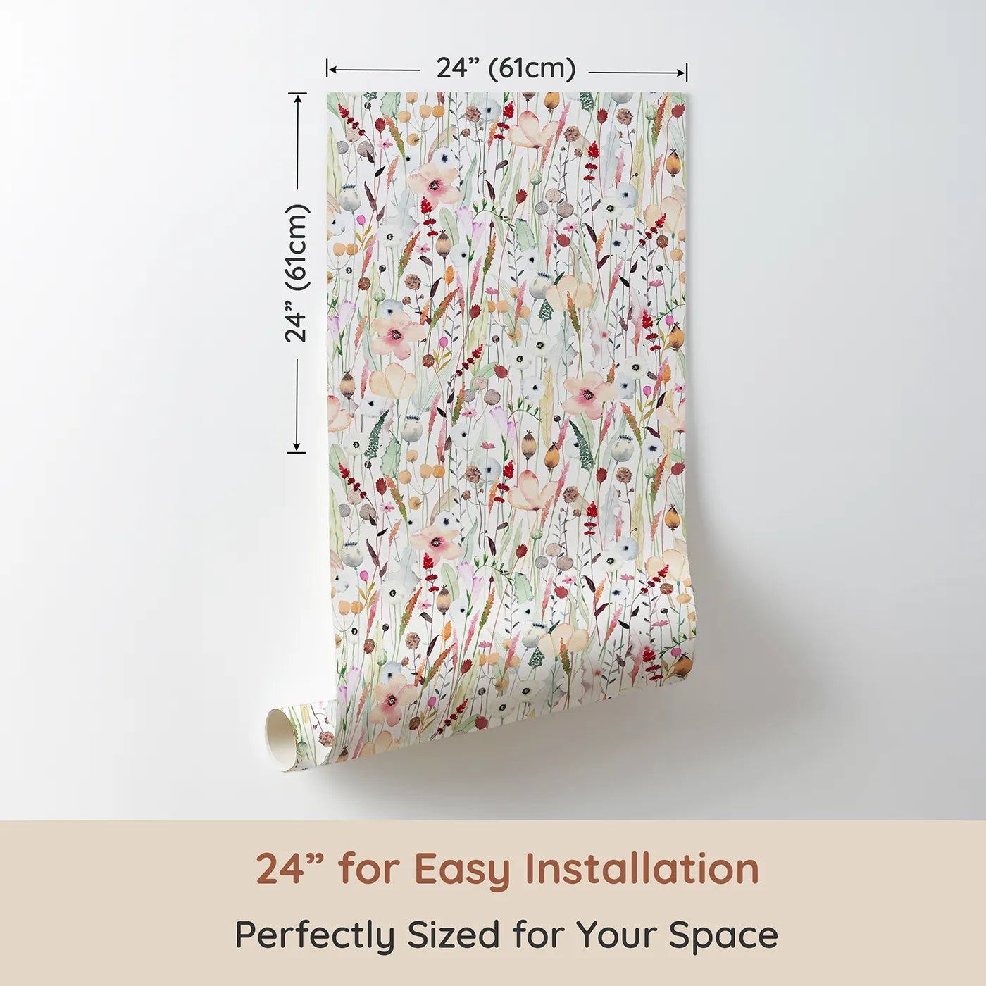 Dimension view of Whimsy Tots Neutral Wildflower Patch Wallpaper (W2161). Printed in 24-inch-wide panel for easy installation. Where delicate, hand-painted wildflowers create a sense of calm.