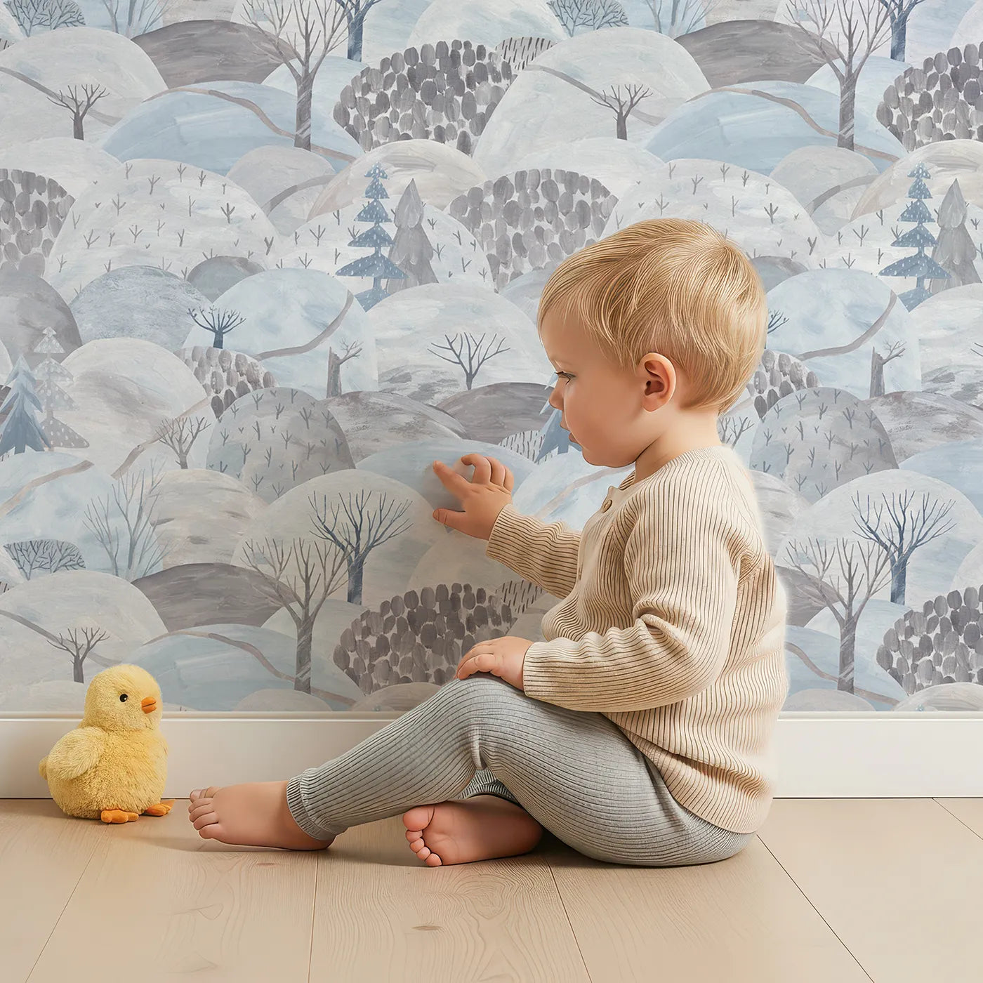 Lovely child standing in front of Whimsy Tots Painted Winter Hills Wallpaper with winter, hill, snow, abstract, painted in design.