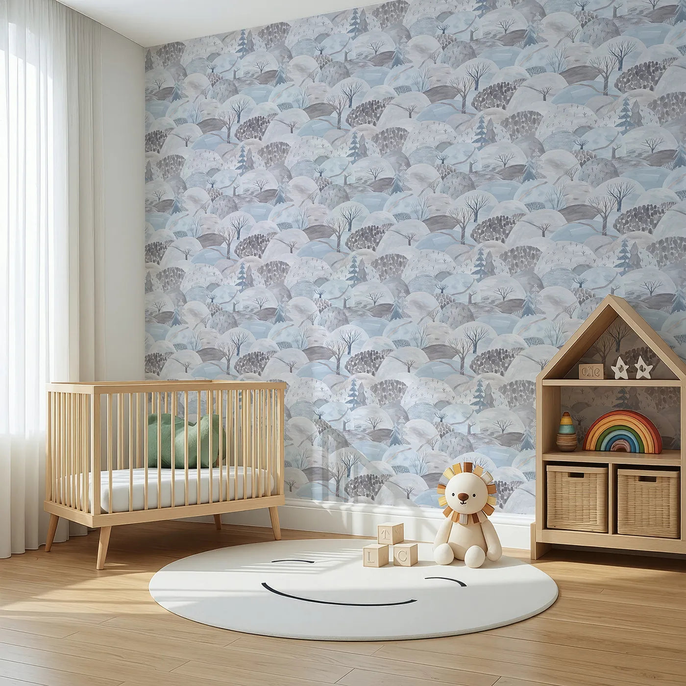 Angled view of Whimsy Tots' Painted Winter Hills Wallpaper (W2163).Where painted hills are covered in a soft blanket of snow.