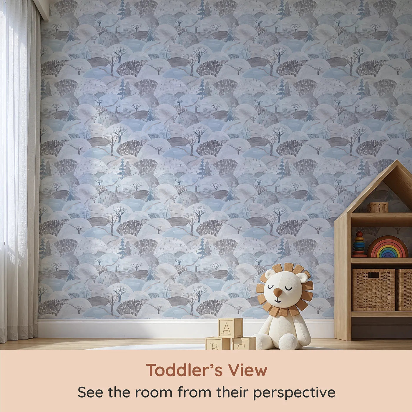 Whimsy Tots Painted Winter Hills Wallpaper (W2163) from your child's view.Where painted hills are covered in a soft blanket of snow.