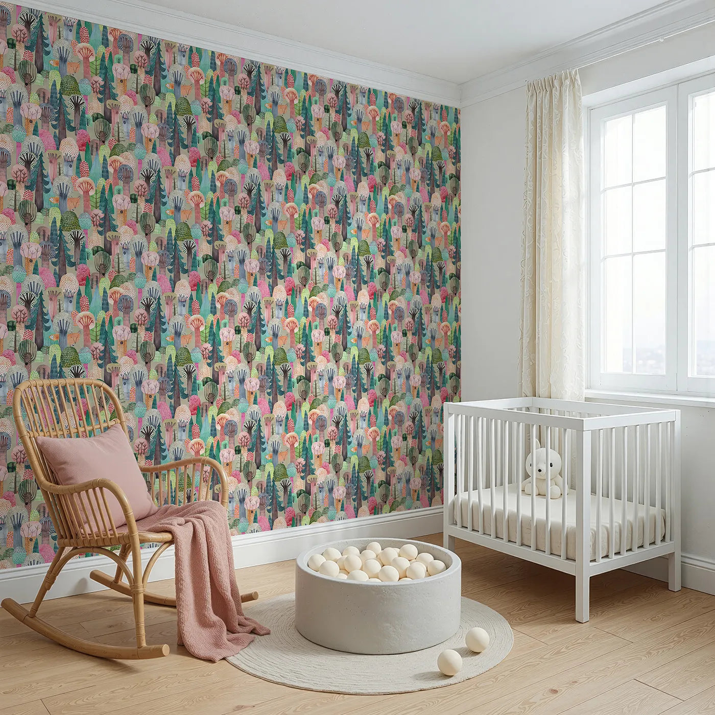 Angled view of Whimsy Tots' Hidden Fox Watercolor Forest Wallpaper (W2164).Where a clever little fox is hiding among the colorful trees.