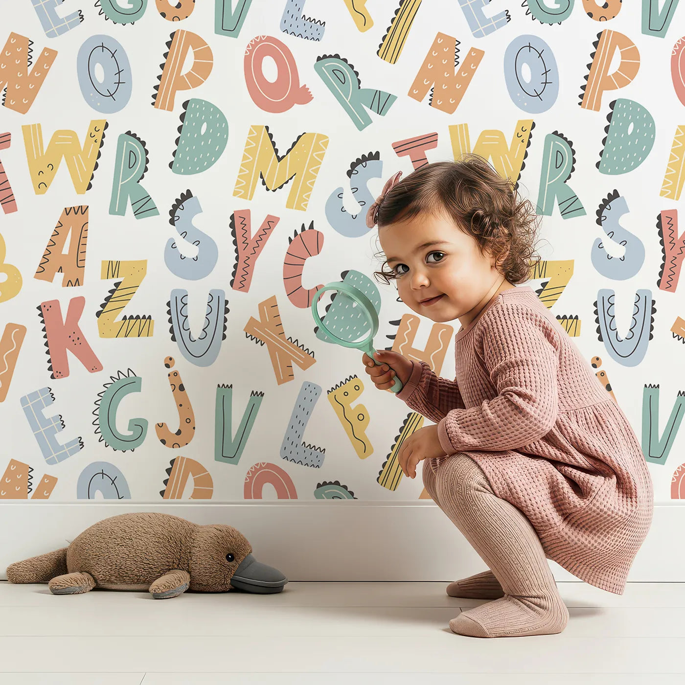 Lovely child standing in front of Whimsy Tots Dino-Mite Alphabet Wallpaper with dinosaur, alphabet, letter, learning, roar in design.