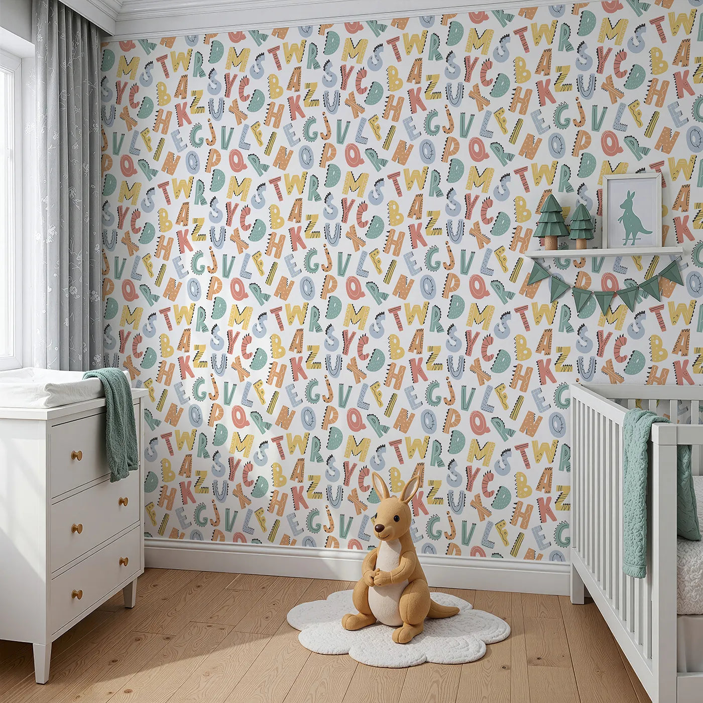 Angled view of Whimsy Tots' Dino-Mite Alphabet Wallpaper (W2168).Where every letter has a cool, dinosaur twist.