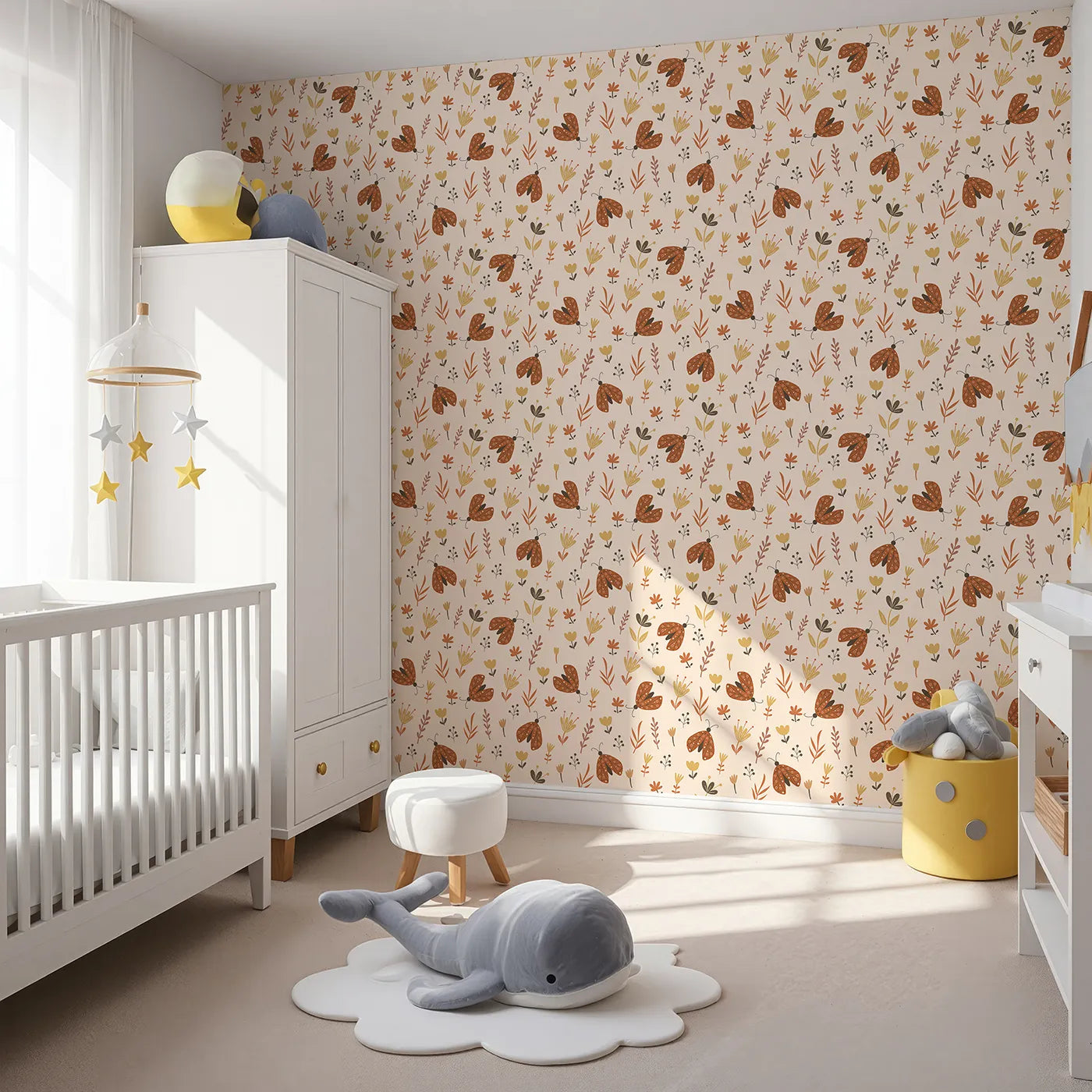 Angled view of Whimsy Tots' Boho Moth Meadow Wallpaper (W2169).Where gentle moths flutter among folksy, bohemian flowers.