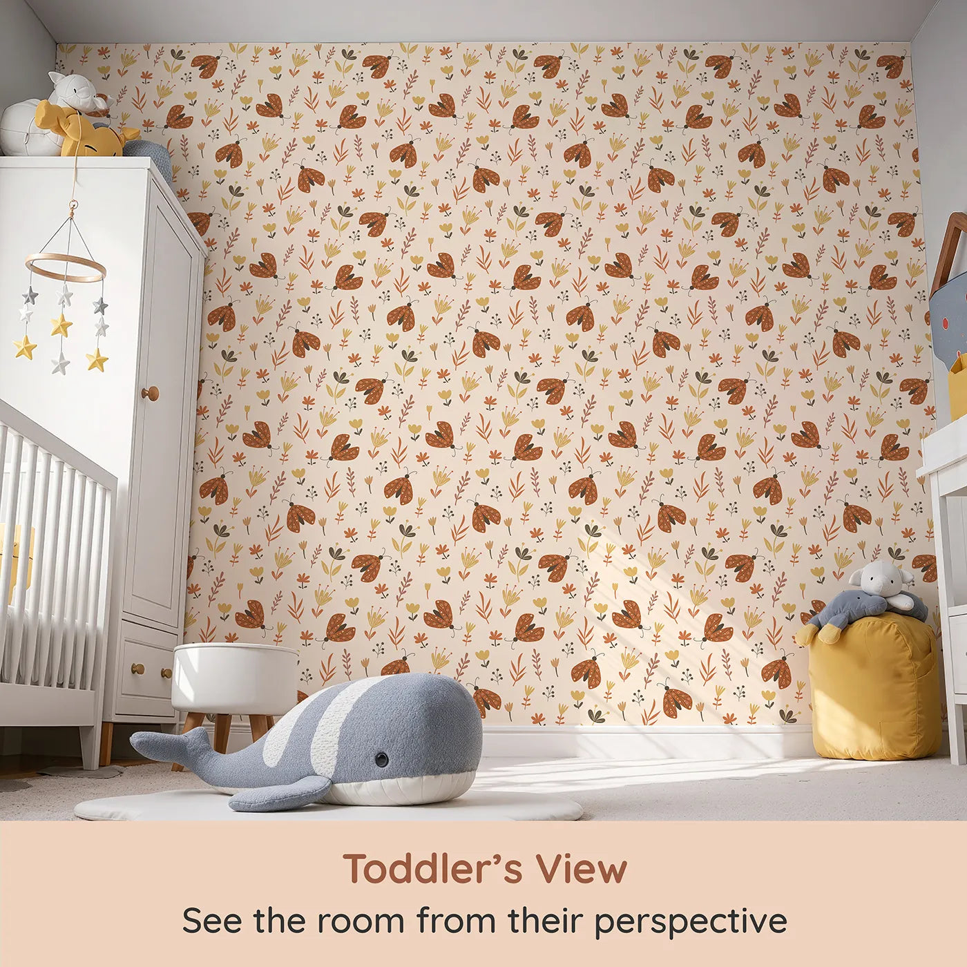 Whimsy Tots Boho Moth Meadow Wallpaper (W2169) from your child's view.Where gentle moths flutter among folksy, bohemian flowers.