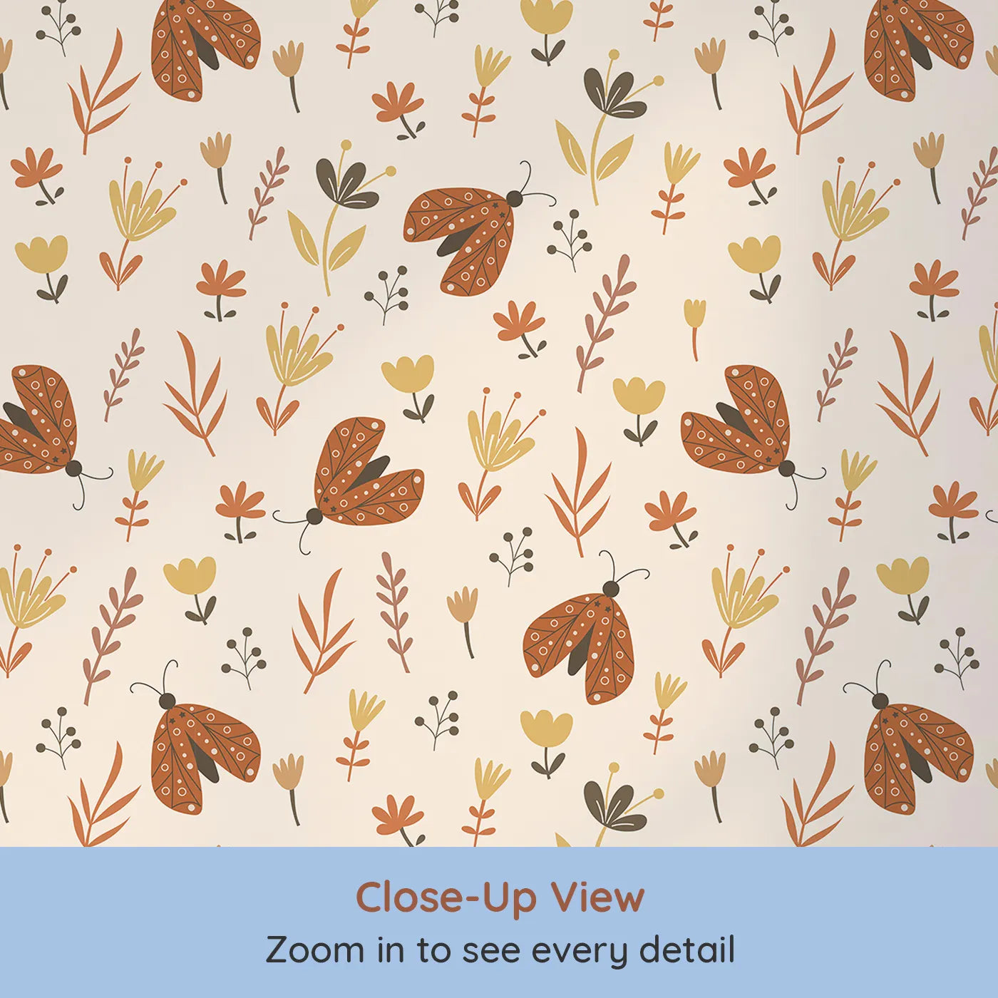 Close-up view of Whimsy Tots' Boho Moth Meadow Wallpaper (W2169).Where gentle moths flutter among folksy, bohemian flowers.