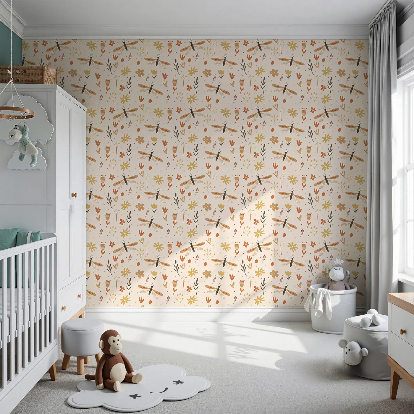 Front view of Whimsy Tots' Boho Dragonfly Garden Wallpaper