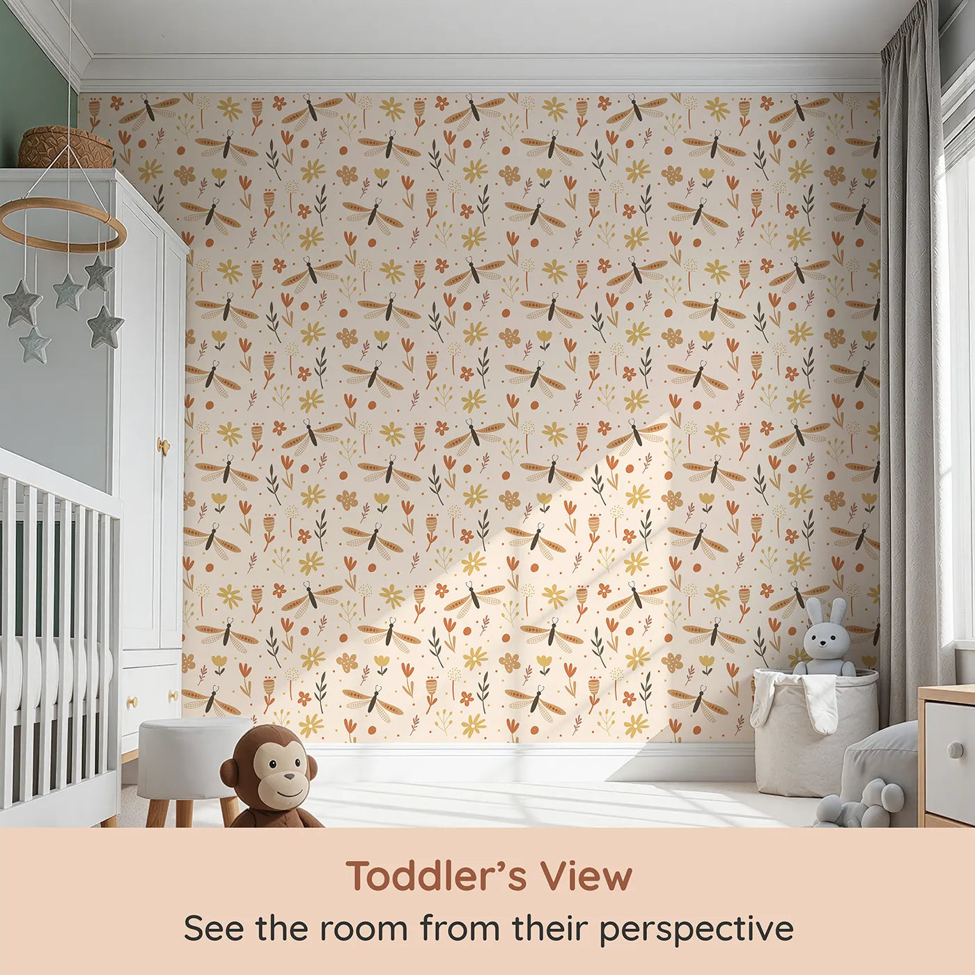 Whimsy Tots Boho Dragonfly Garden Wallpaper (W2170) from your child's view.Where stylized dragonflies dance among warm, gentle flowers.