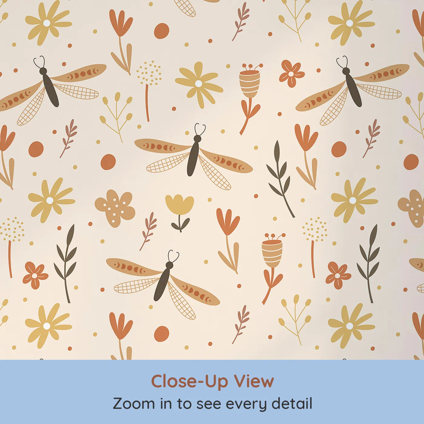 Close-up view of Whimsy Tots' Boho Dragonfly Garden Wallpaper (W2170).Where stylized dragonflies dance among warm, gentle flowers.
