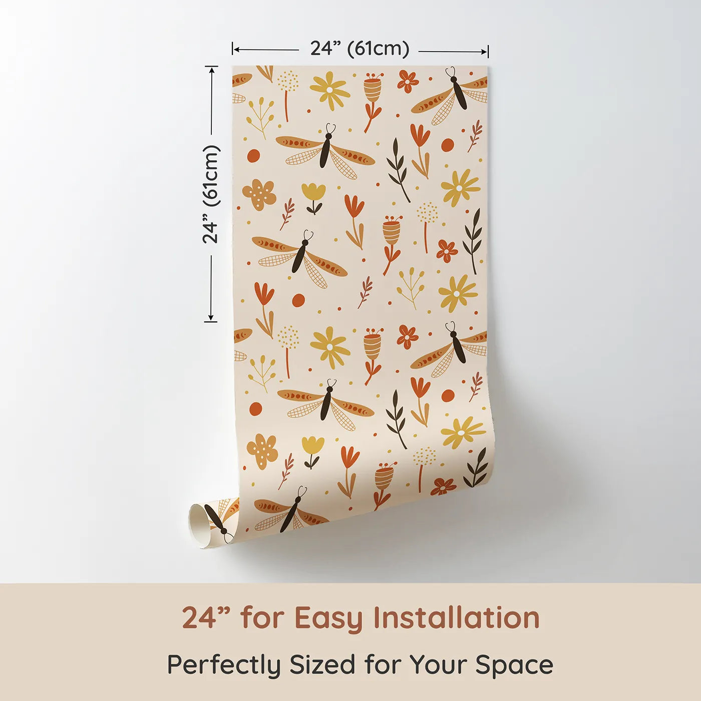 Dimension view of Whimsy Tots Boho Dragonfly Garden Wallpaper (W2170). Printed in 24-inch-wide panel for easy installation. Where stylized dragonflies dance among warm, gentle flowers.