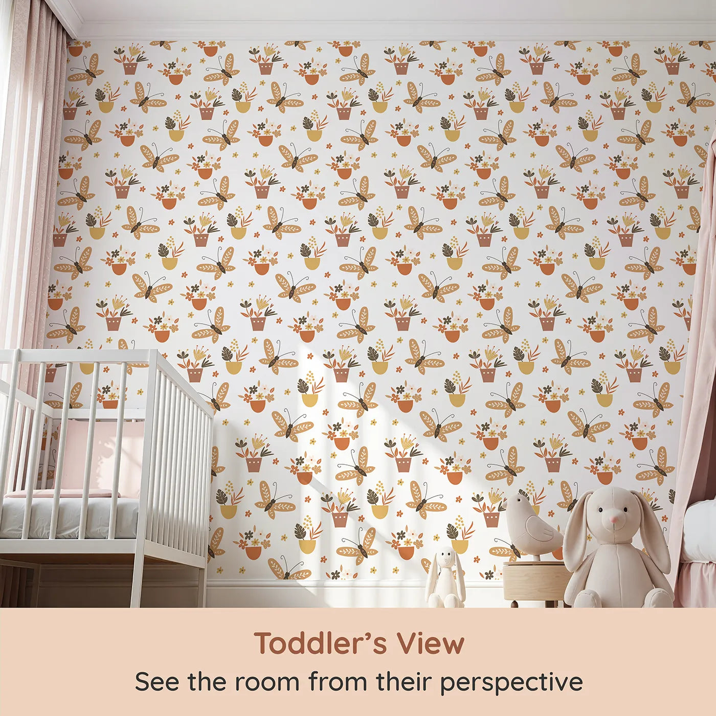 Whimsy Tots Boho Butterfly Garden Wallpaper (W2171) from your child's view.Where potted flowers and gentle butterflies create a world of warmth.