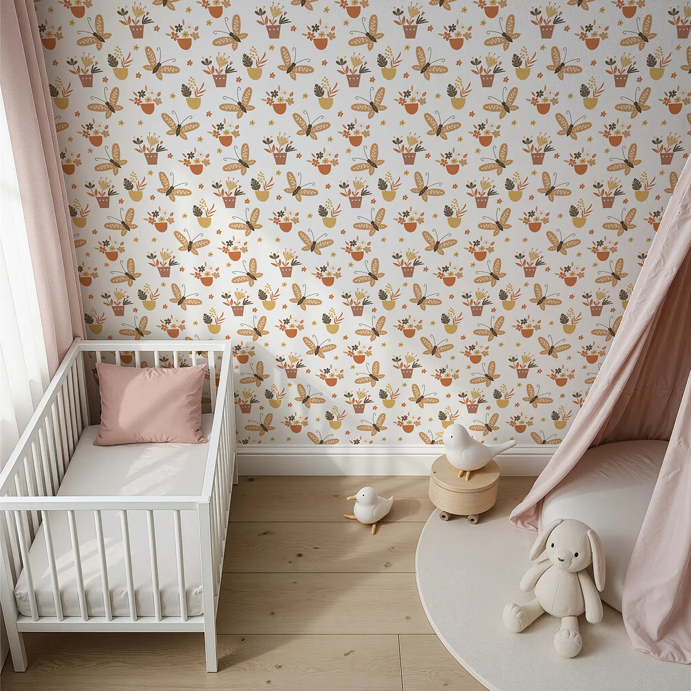 Top-Down view of Whimsy Tots' Boho Butterfly Garden Wallpaper (W2171).Where potted flowers and gentle butterflies create a world of warmth.